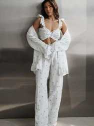 Linad Loose Women's Home Clothes 3 Piece Sets Print Long Sleeve Pajamas Female Bra Cotton Suits With Shorts Summer Sleepwear