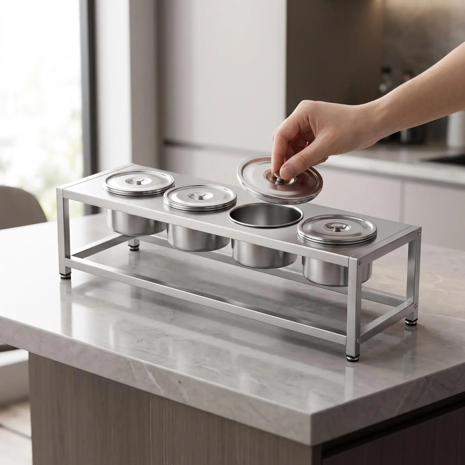 Stainless Steel Condiment Rack with Recessed Cups for Countertop Sauce Organizer for Restaurant Self Serve Toppings Holder for