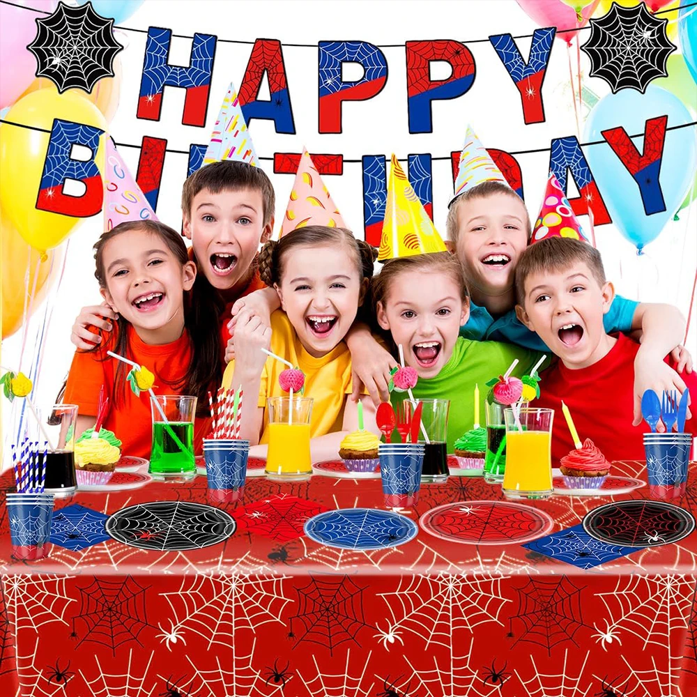Spinnenpartyzubehör, rotes und blaues Spinnennetz, Geburtstagsbanner, Pappteller, Servietten, Tischdecke für Partydekorationen mit Spinnenmotiv – Detail 7
