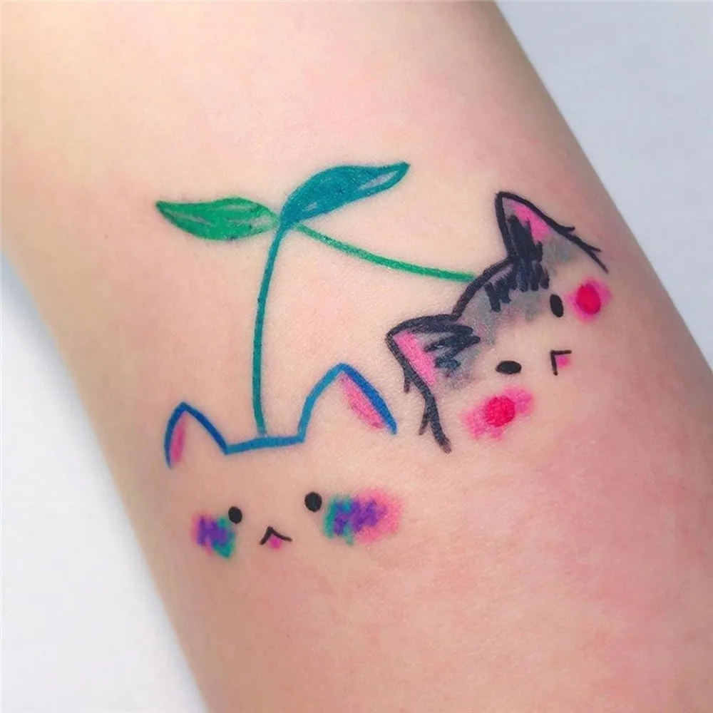 Waterproof Temporary Tattoo Sticker Lovely Shy Cat Leaf Cartoon Body Art Flash Tatto Fake Tatoo for Women Men