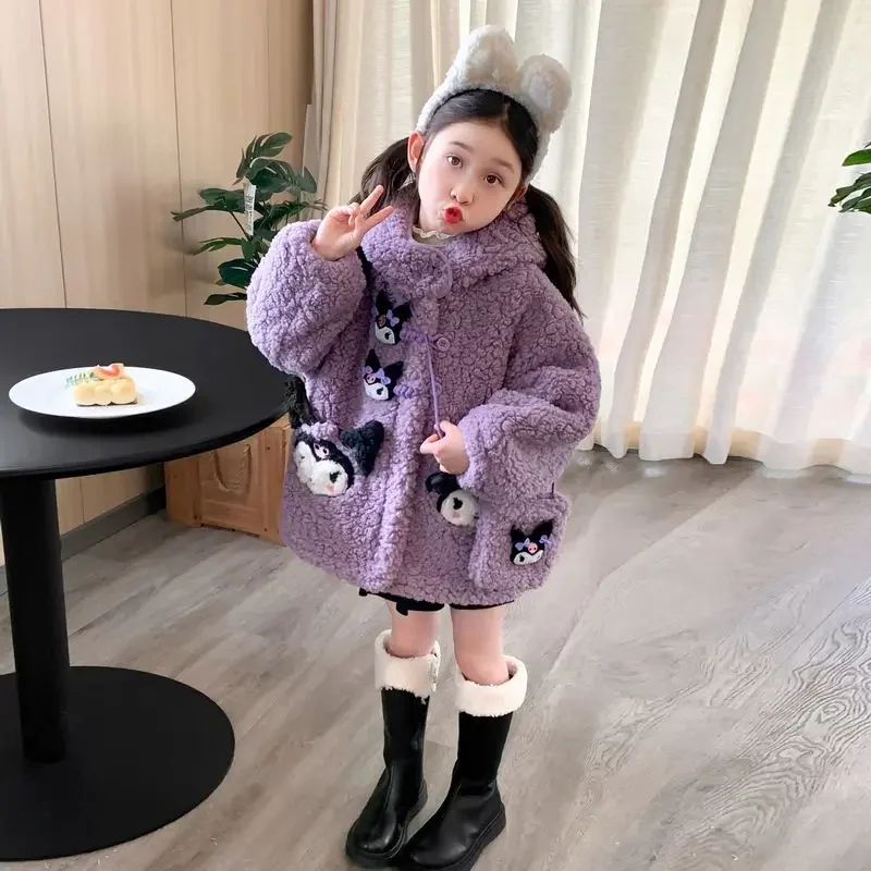 Sanrios Girl Velvet Coat Kuromi Autumn Winter New Child Thicken Woolen Sweater Kawaii Cartoon Anime Fashion Winter Clothes