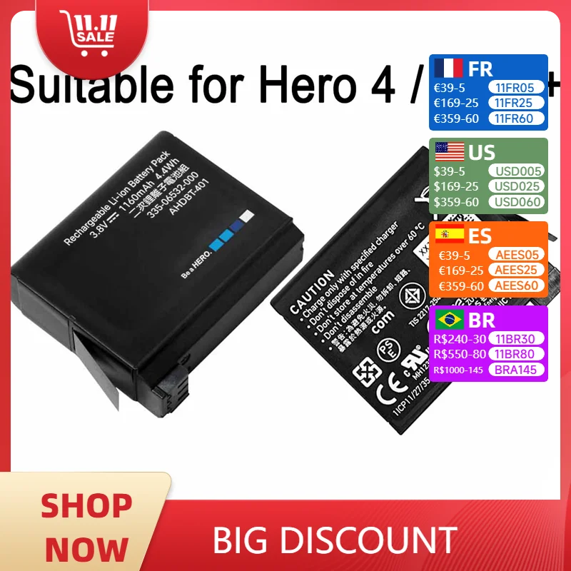 NEW Genuine AHDBT-401 Battery HERO4 Battery For GOPRO HERO4 hero 4 1160mAh 3.8V For Hero 4 Balck Hero 4 Silver Hero+ AHBBP-401