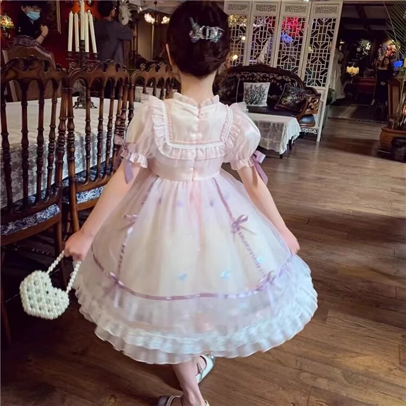 Children\'s Lolita Cake Dress Summer Elegant Bow Bubble Sleeves Girl\'s Casual Dress Party Dress Formal Occasion Kids Clothing