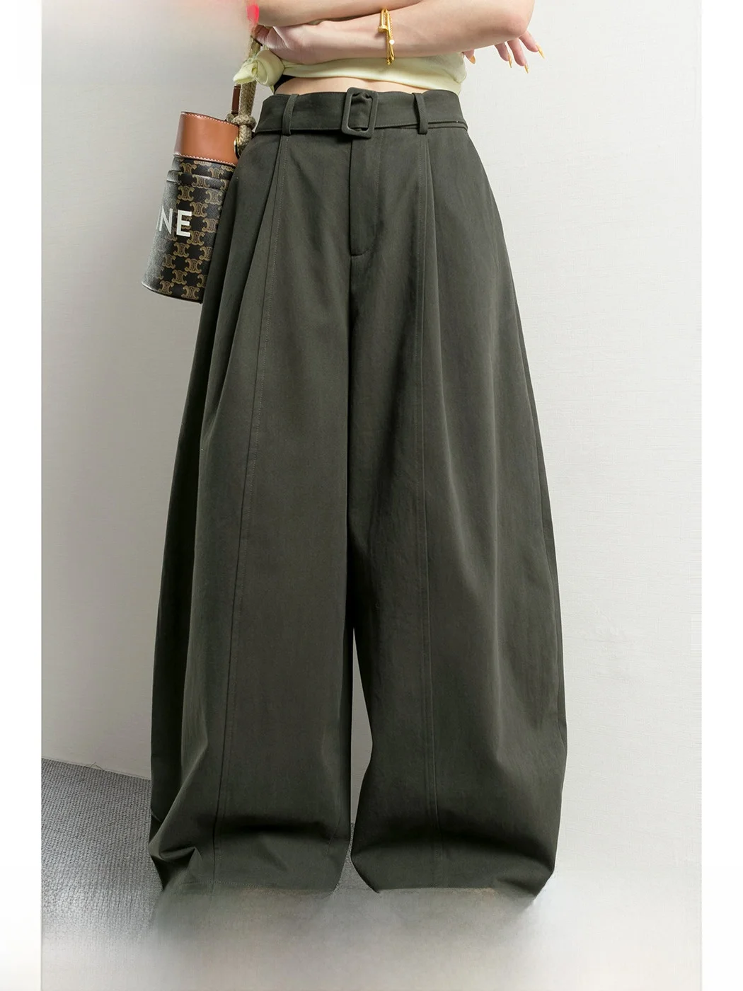 

TidepPA Women's High Waist Balloon Trousers Khaki Elastic Casual Pants Spring Autumn Wide Leg Long Trousers Faionable Workwear