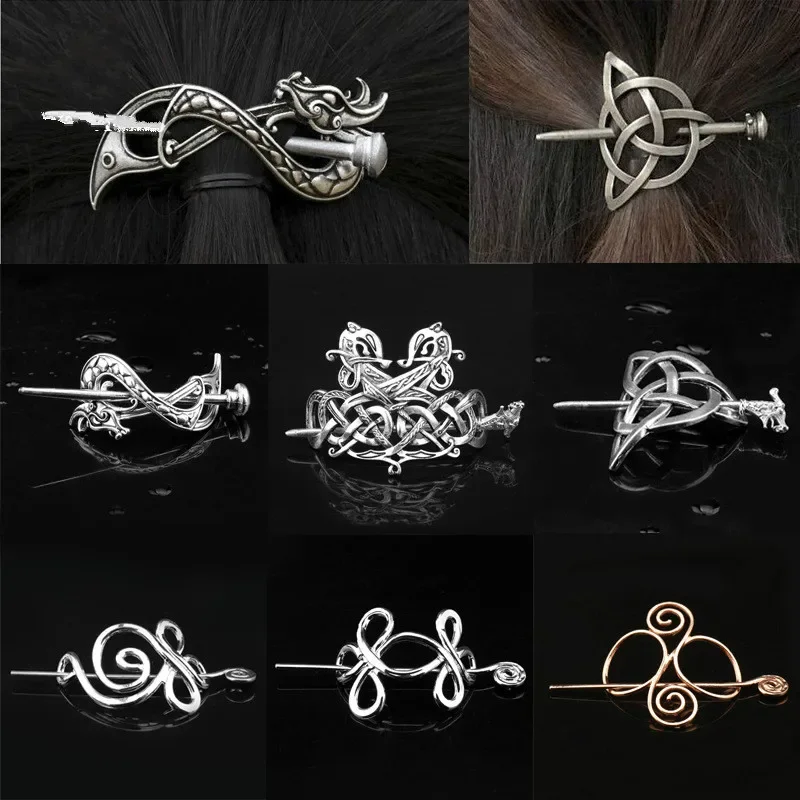 Viking Hairpin Celtics Knots Crown Vintage Metal Dragons Slide Hair Stick Rune Hair Clip Hair Jewelry Accessories for Women Girl