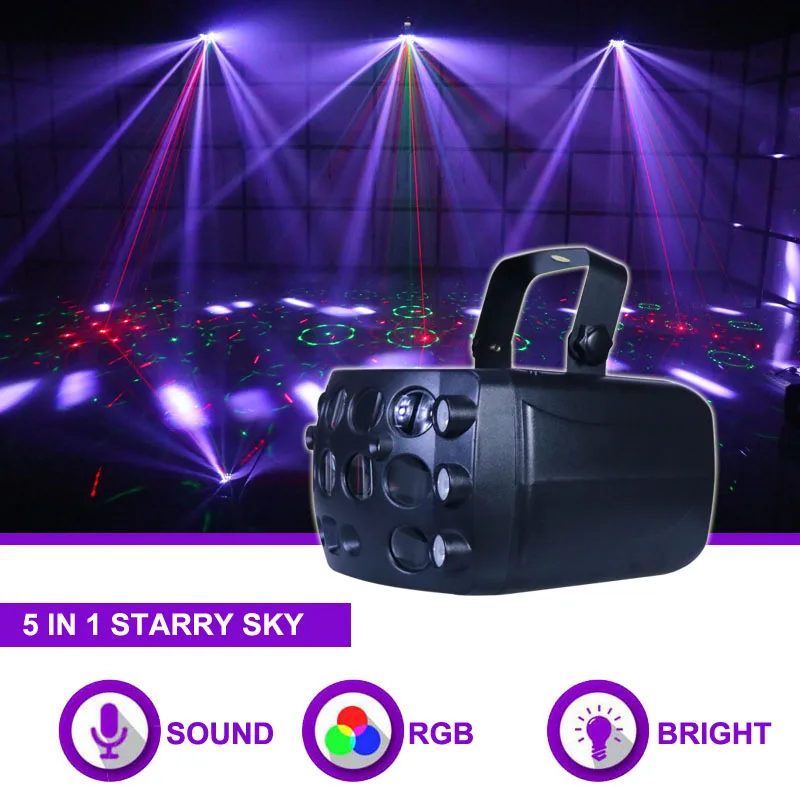 

Sunart 5 in 1 Stage Effect Projector DMX Remote Music Light For DJ Disco Party Club Bar RGBW LED Starry Sky Laser Fixtures