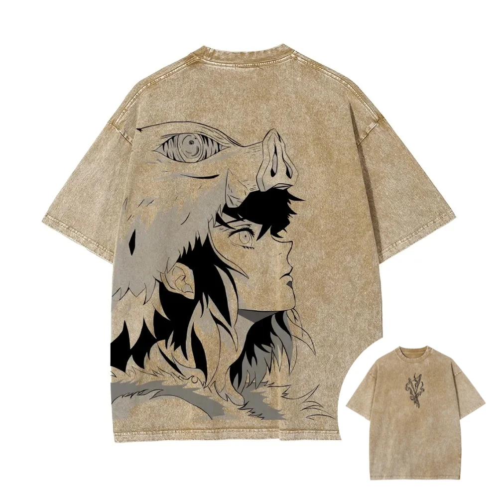 Demon Slayer Men's Women's Washed T-Shirt Inosuke Hashibira Summer Spring Anime Tee Retro Distressed High Quality Short Sleeve