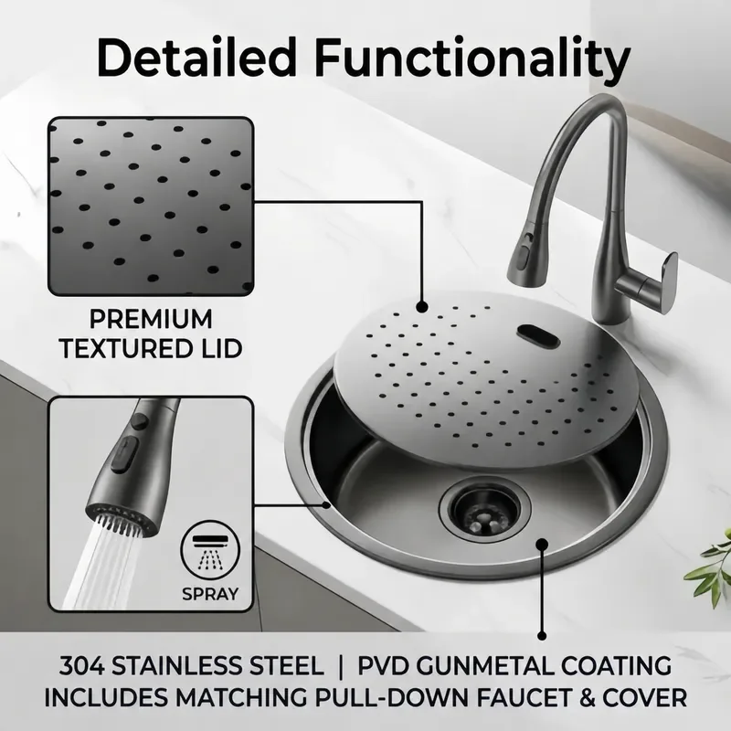Hidden Mini Bar 304 Stainless Steel Round Invisible Sink for Dining Table Vegetable Basin Tea Room Basin Small Size
