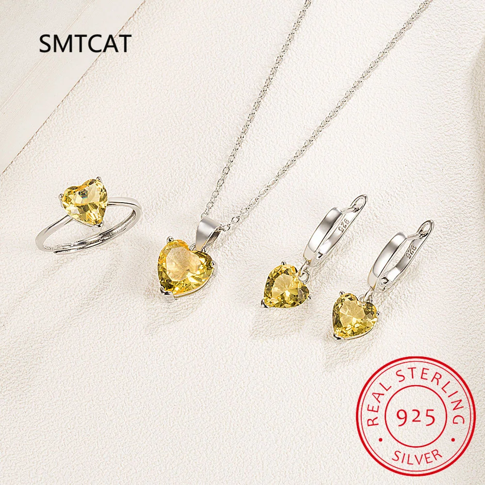 

Натуральный натуральный желтый цитрин, стерлинговое серебро 925 пробы, комплект ювелирных изделий в форме сердца, ожерелье + серьги + кольцо, драгоценный камень, ювелирные изделия для женщин, подарок