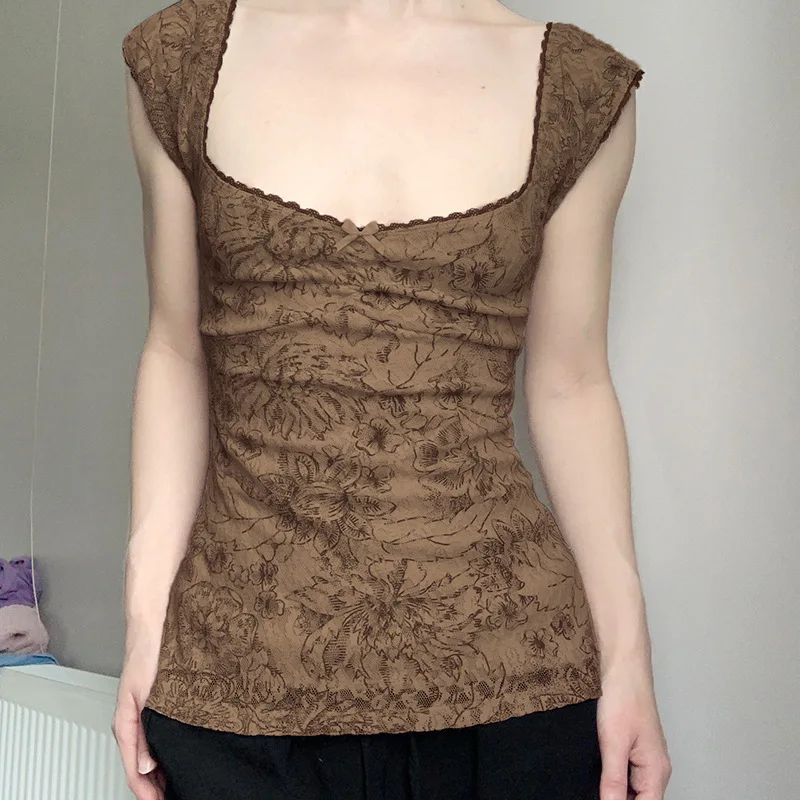 Vêtements pour femmes européennes et américaines ins en ligne célébrité rue dentelle brillante couture maille taille T-shirt à manches courtes