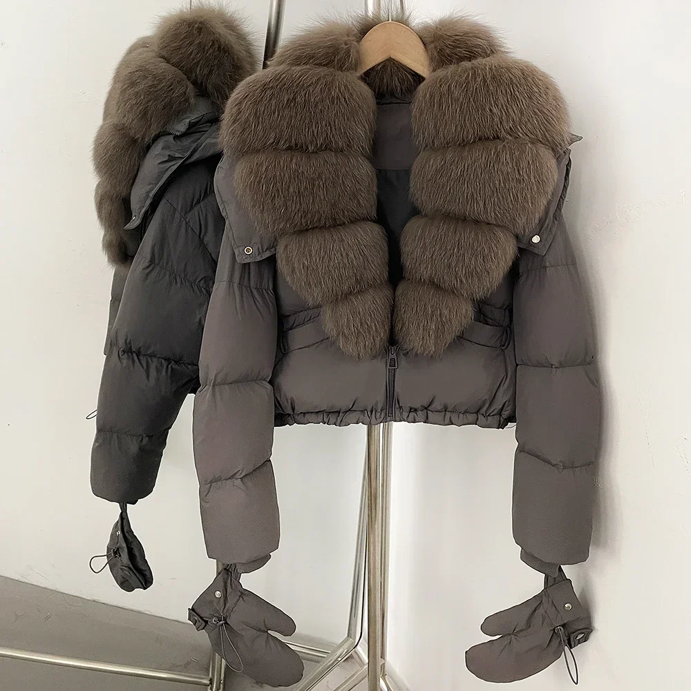 OFTBUY Neue Kurze Oberbekleidung Kapuze Entendaunen Luxus Echtfell Daunenjacke mit Abnehmbaren Handschuhen Damen Puffermantel mit Echtem Fuchsfell – Detail 21