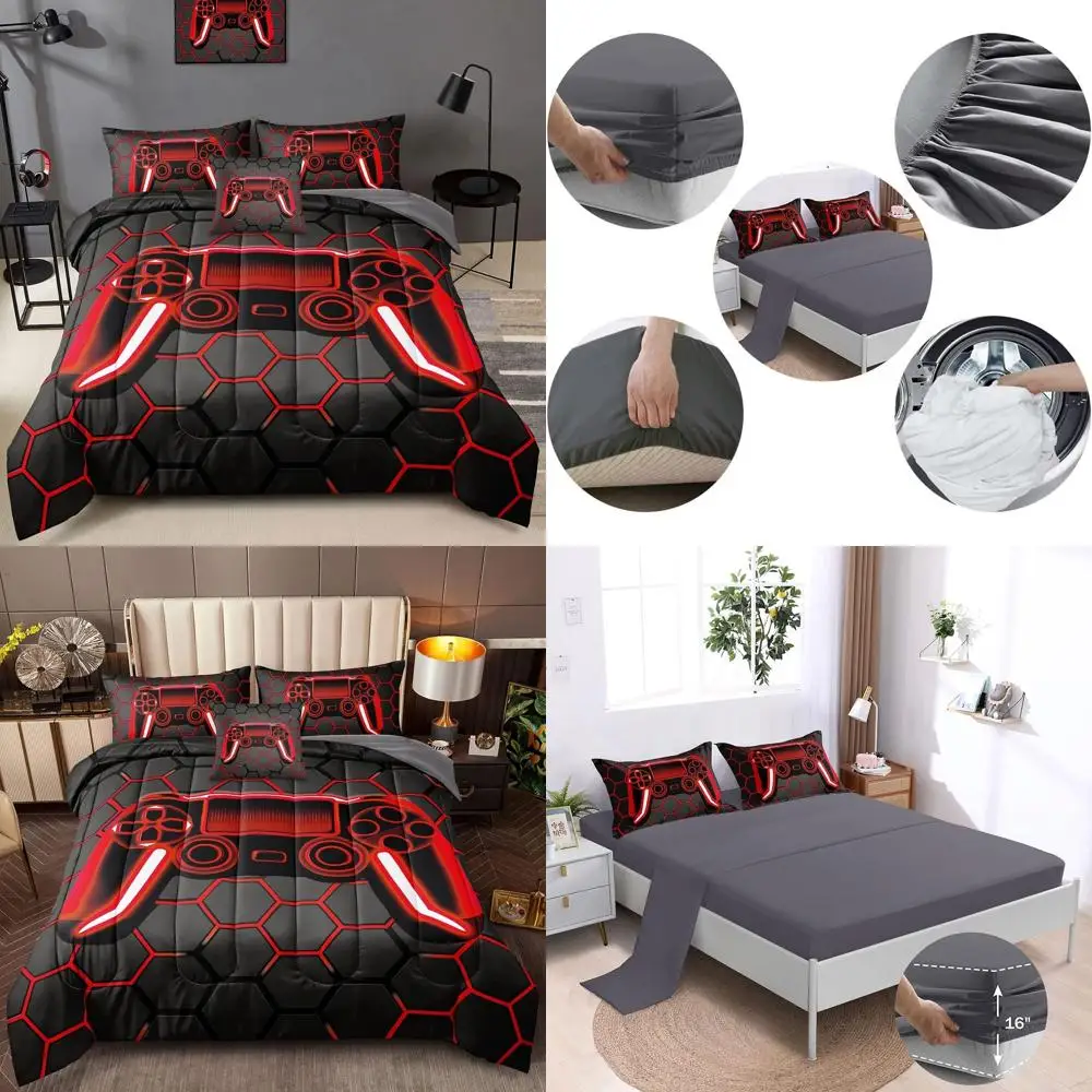 

Teen Boys' Honeycomb Gaming Bedding Set: 6-Piece Comforter with Gamepad Design, Microfiber, All-Season, Queen Size