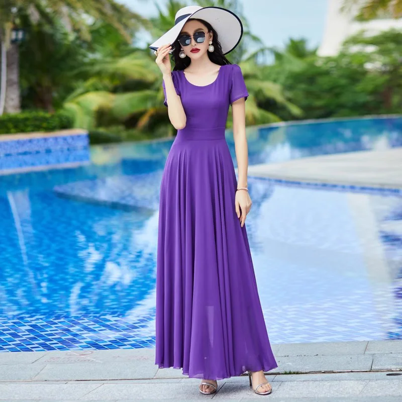 

New Women Summer Bohemia Beach Dress Fashion O-Neck Short Sleeve Slim Waist Chiffon Dress Casual Flowing Holiday Long Dress