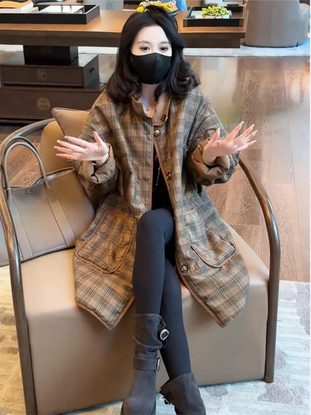 Retro casual versátil thiened solto dupla face usar algodão para baixo jaet feminino inverno novo design xadrez outerwear casaco