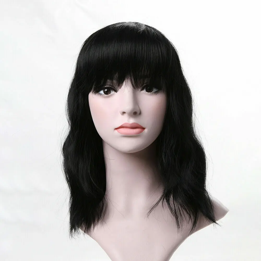 Fashion Women Natural Wavy Full  Natural Black Bob Curly With Bangs wig