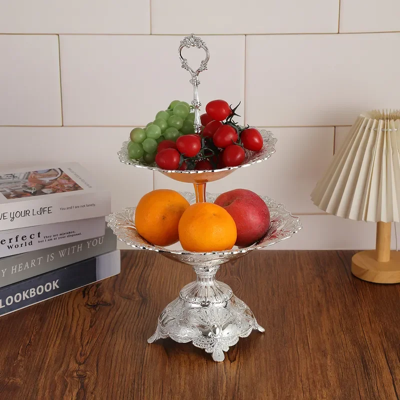 Nordic Style Double Layer Fruit Plate Silver Metal Snack Tray Creative Home Decor Dessert Stand for Living Room Kitchen Hotel