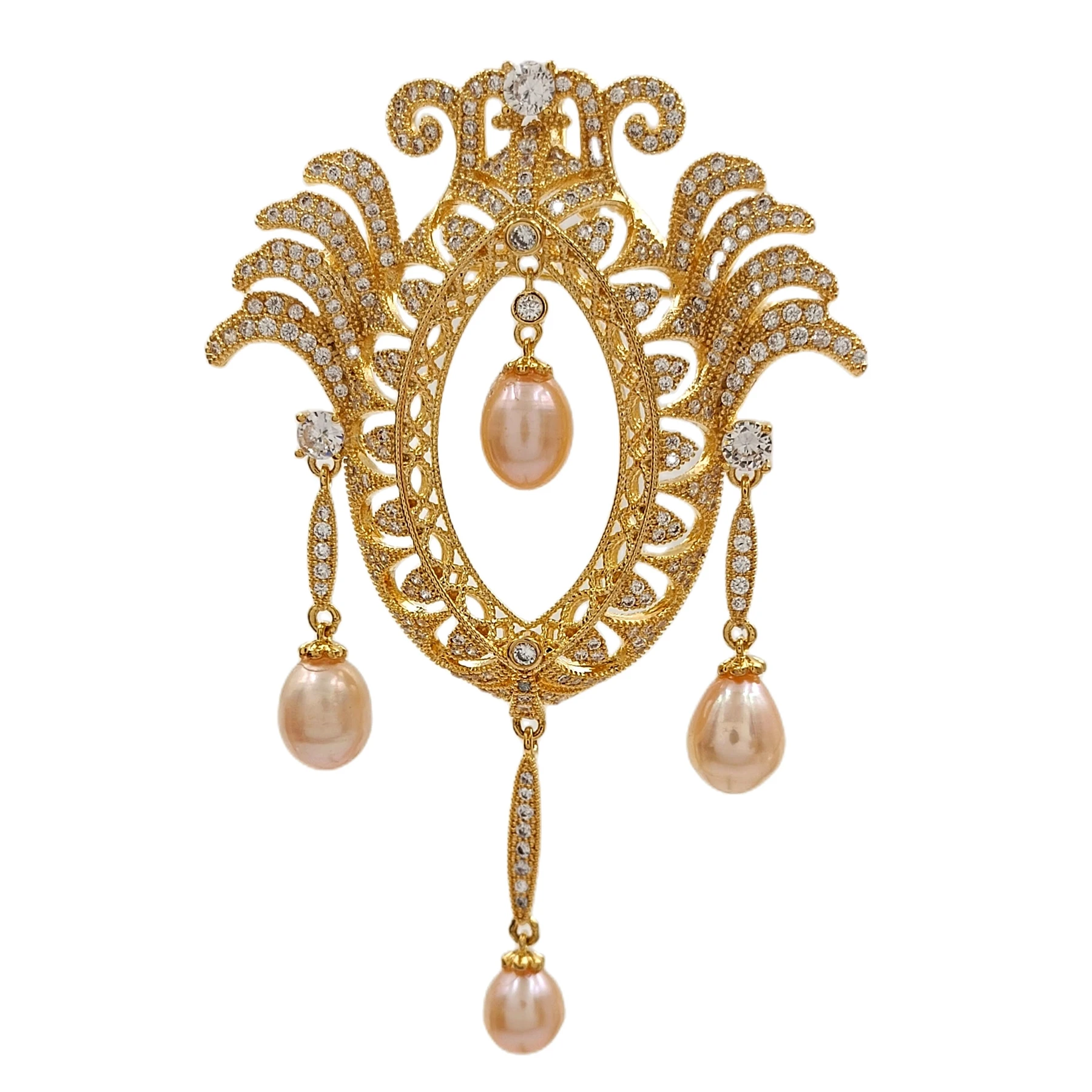 

Vintage Gold Tone Pink Pearl Dangle Opens Marquise Shaped Brooch with Wing Mother Gift Jewelry