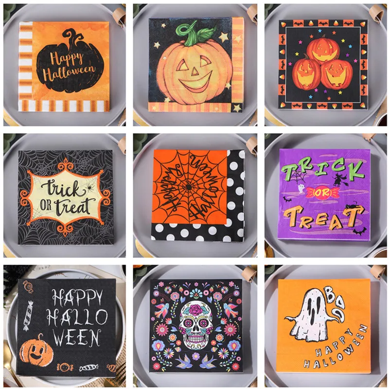 20Pcs/bag Pumpkin Spider Skull Head Printed Disposable Napkin Paper Tableware Tissues Halloween Party Decoration