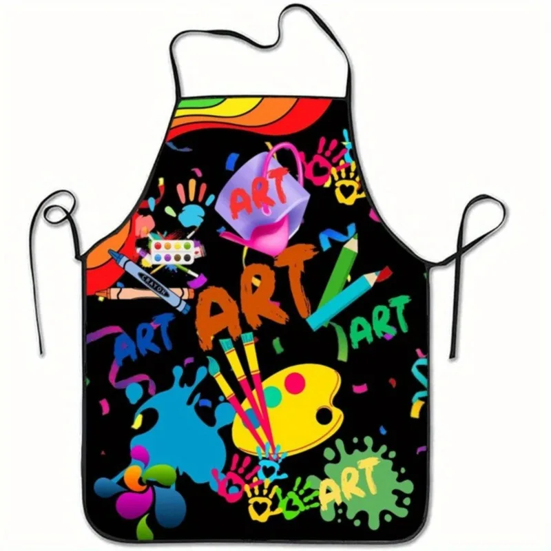 1pc Multicolor Graffiti Apron With Paintbrushes And Palette Print - Black Background Suitable For Painting Crafting Cooking Baki