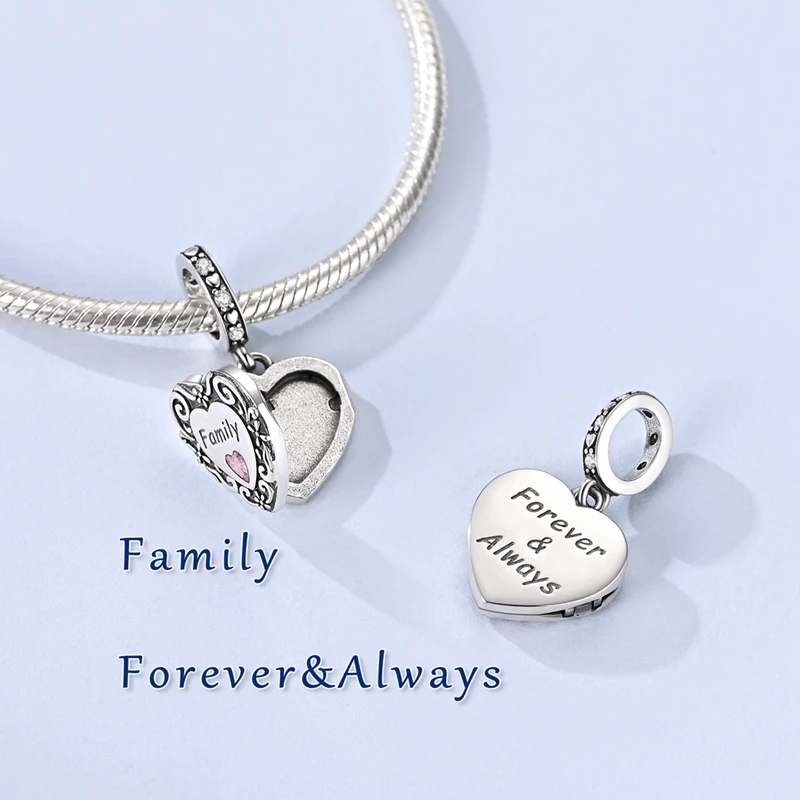 925 Sterling Silver Openable Family Heart Locket Dangle Charm Bead Vintage Engraved Photo‑Box Pendant Fit Bracelet Jewelry Gift