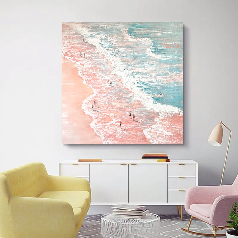 Custom Hand-painted Oil Painting Beach Wave Living Room Decorative Painting Cream Wind Pink Quartz Sand Porch Hanging Painting