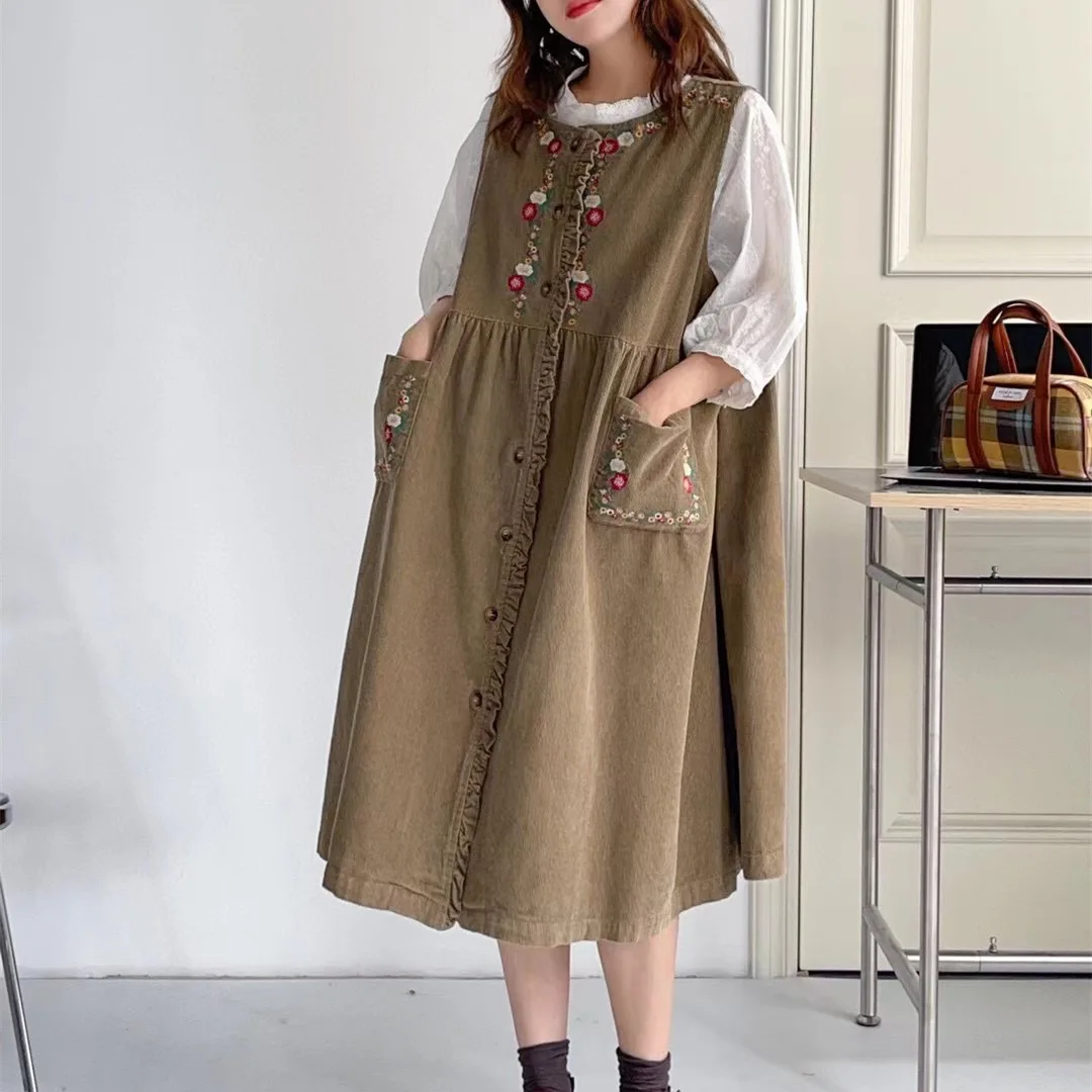 Robe japonaise Mori Girl Vintage brodée florale, gilet en velours côtelé, bretelles, col rond, sans manches, simple boutonnage, débardeur, automne