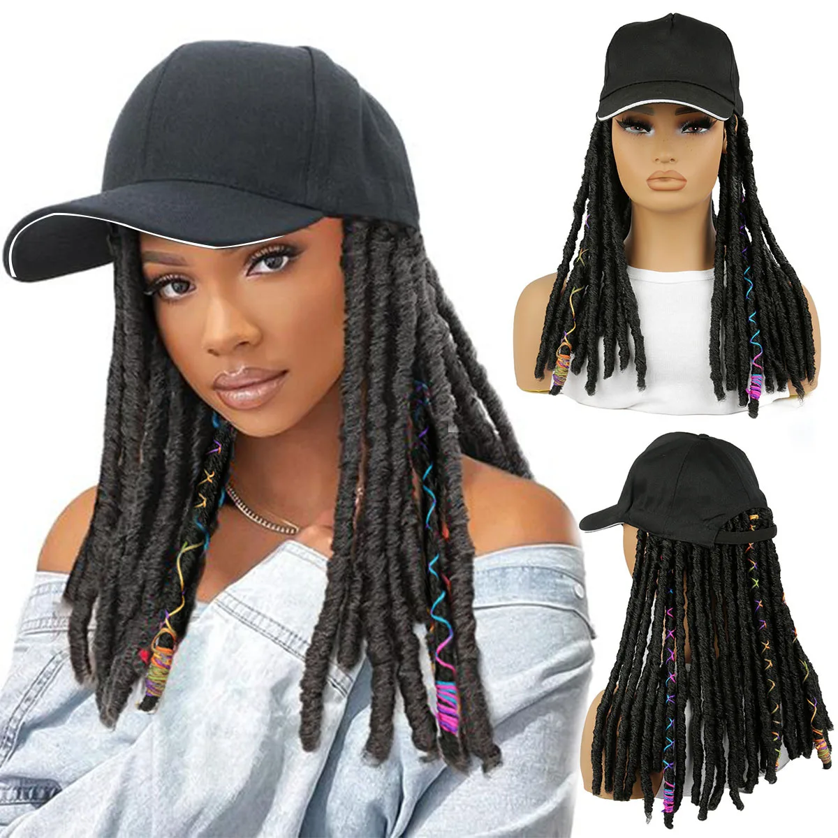 SQRDGQ Synthetic Crochet Hair Baseball Hat Wig Adjustable Cap Woman Wigs Crochet Hair Extensions Black Wig Female Short Wig Man