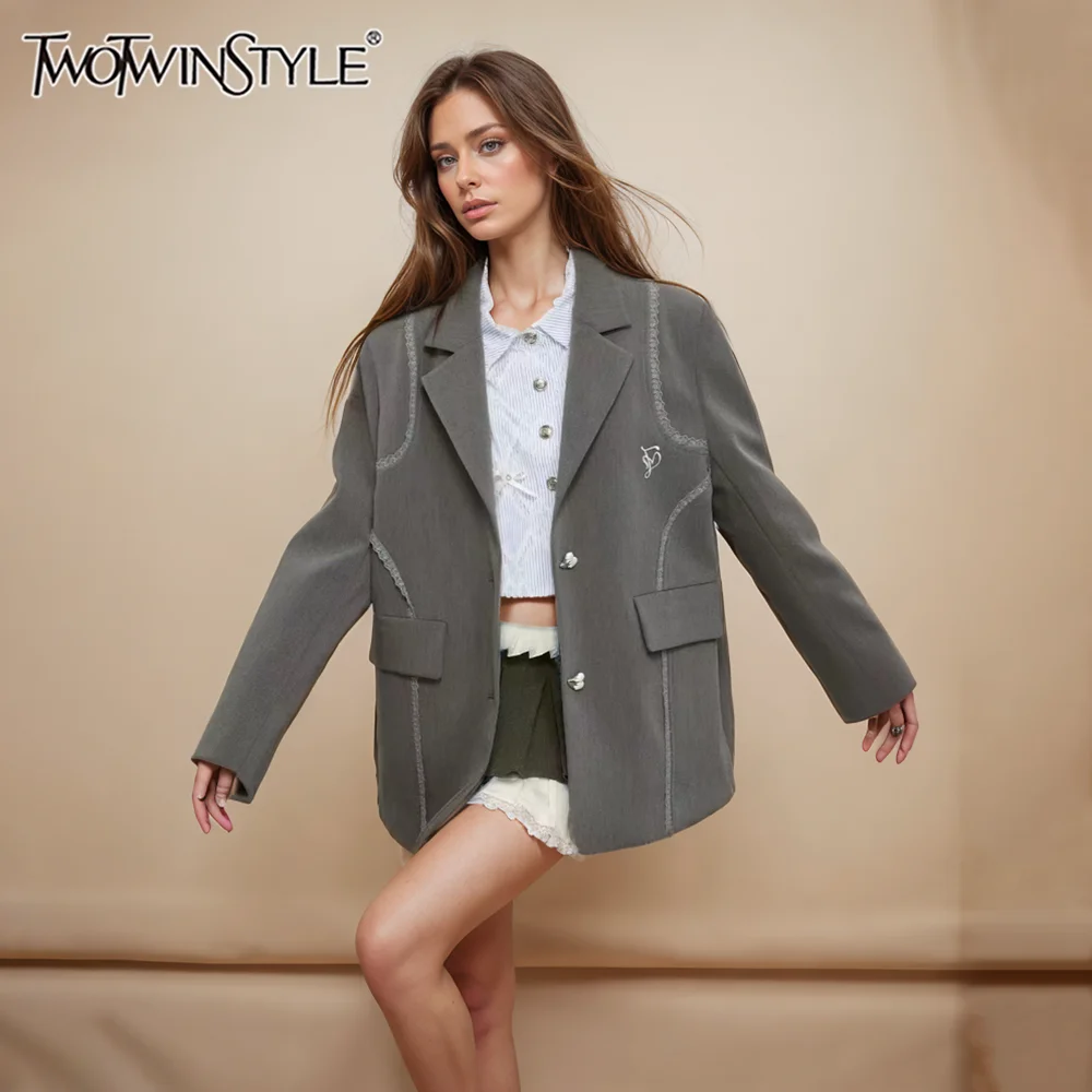 Blazer sólido de diseño TWOTWINSTYLE para mujer, cuello con muescas, manga larga, Patchwork, bolsillo, temperamento, abrigo femenino a la moda de otoño