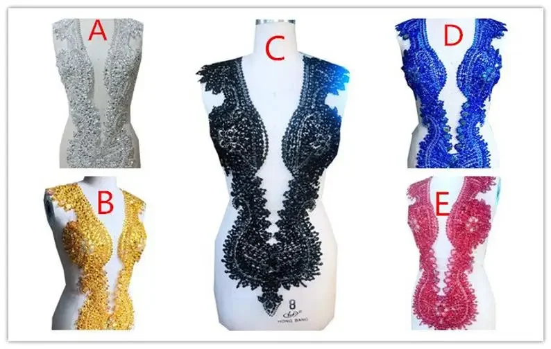 6 Colors V Shape Crystal Sew On Full Body Rhinestone Applique With Sequins, Beads 63*42cm For Bridal Wedding Dress