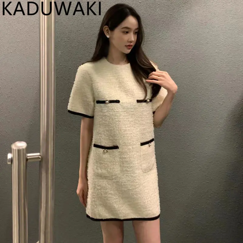 Elegant Vintage Short Sleeve Tweed Dress for Women Simple O Neck Loose Spring Summer Vestidos Korean Style Chic Robe Femme