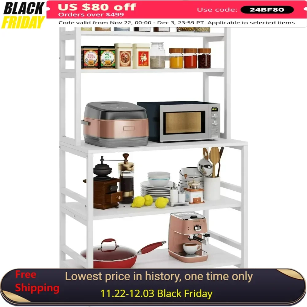 5-Tier Kitchen Bakers Rack with Hutch, Microwave Oven Stand, Free Standing Kitchen Utility Cart Storage Shelf Organizer