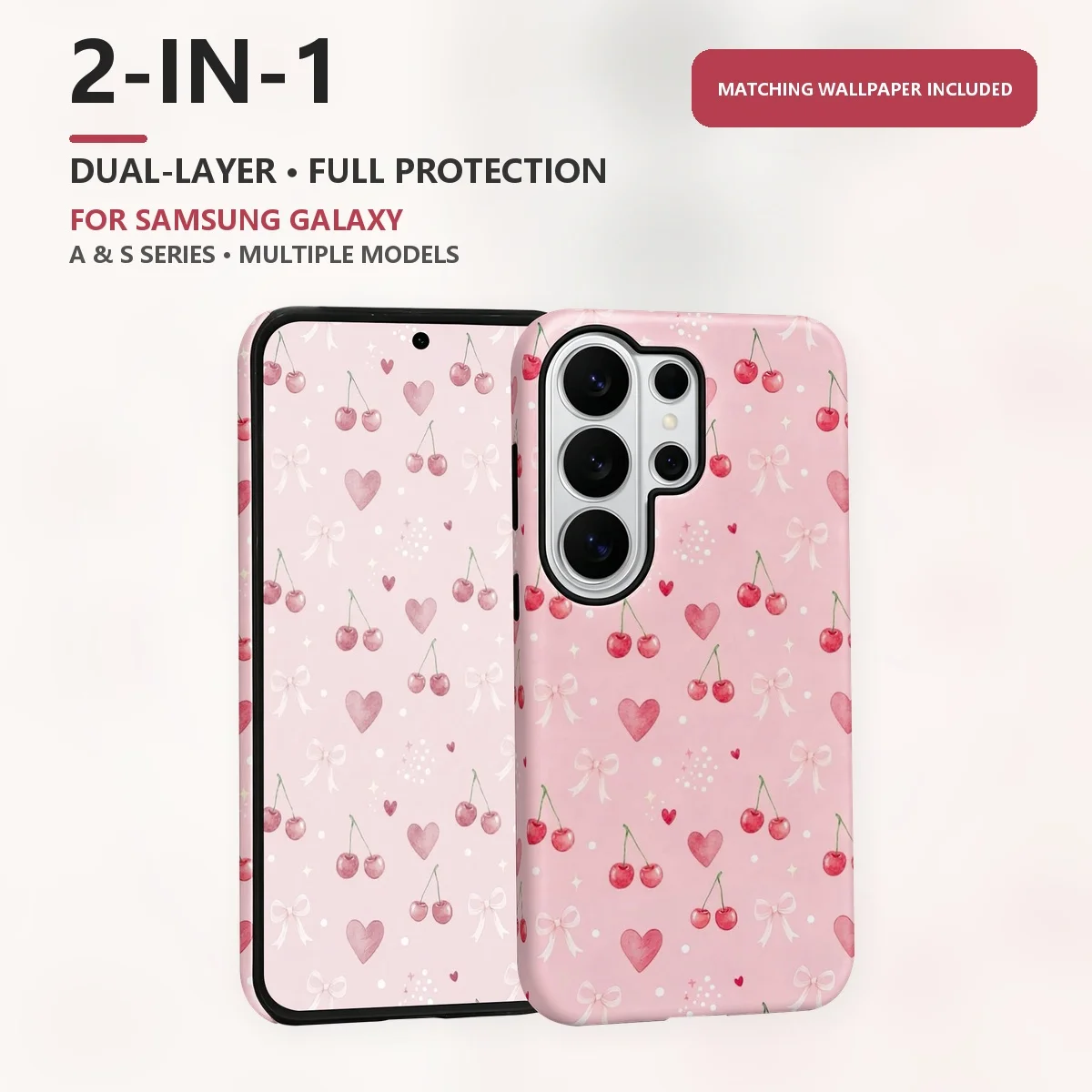 Watercolor Cherry Hearts 2-in-1 Dual-Layer Phone Case for Samsung Galaxy S26 S25 S24 Plus Ultra FE S20 FE A56 A17 A16 A15