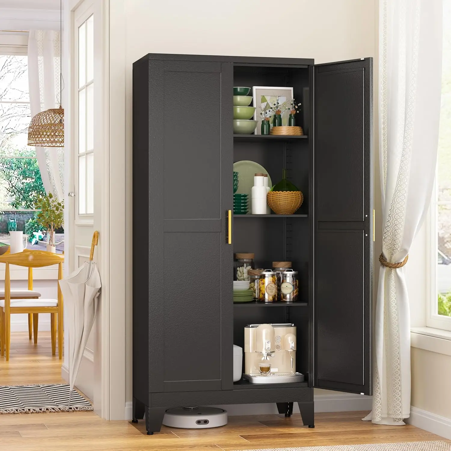 

Metal Pantry Kitchen Food Storage Cabinets with 2 Door and 3 Adjustable Shelves Black Metal Utility 11.81"D X 23.62"W X 51.73"H