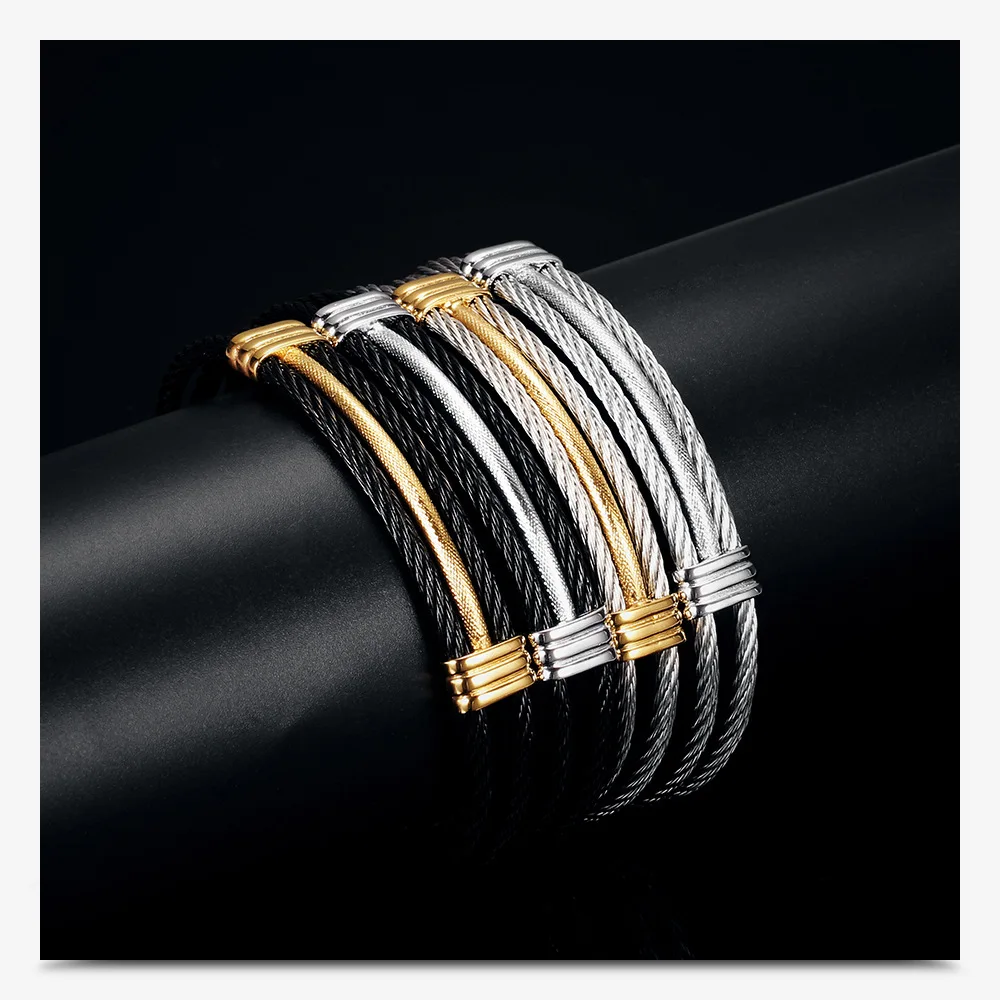 factory direct sale 316Lstainless steel open multi layer cable wire women adjustable cuff Bracelet