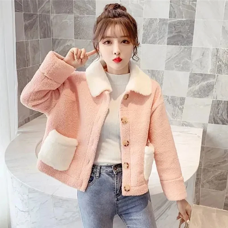 2022Women's Faux Lamb Wool Coats Autumn Winter Turn-down Collar Single Breasted Stitching Long Sleeve Sashes Lace-up Lady Jacket