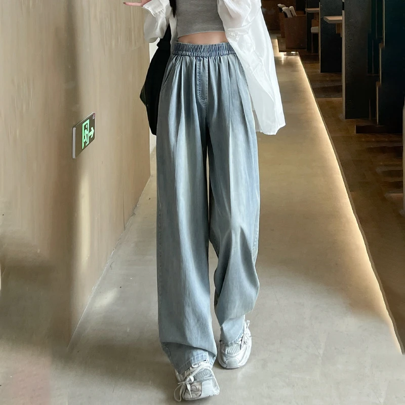 

Summer Ice Silk Thin Jeans For Women Elastic Waist Loose Wide Leg Denim Pants Solid Color Casual Soft Straight Trousers