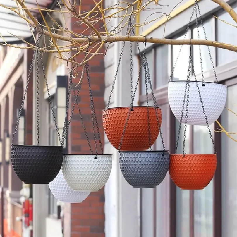 New Plastic Imitation Weaving Flower Pot Self Absorbent Hanging Hydroponic Flowerpot Garden Decoration Outdoor Flower Basket