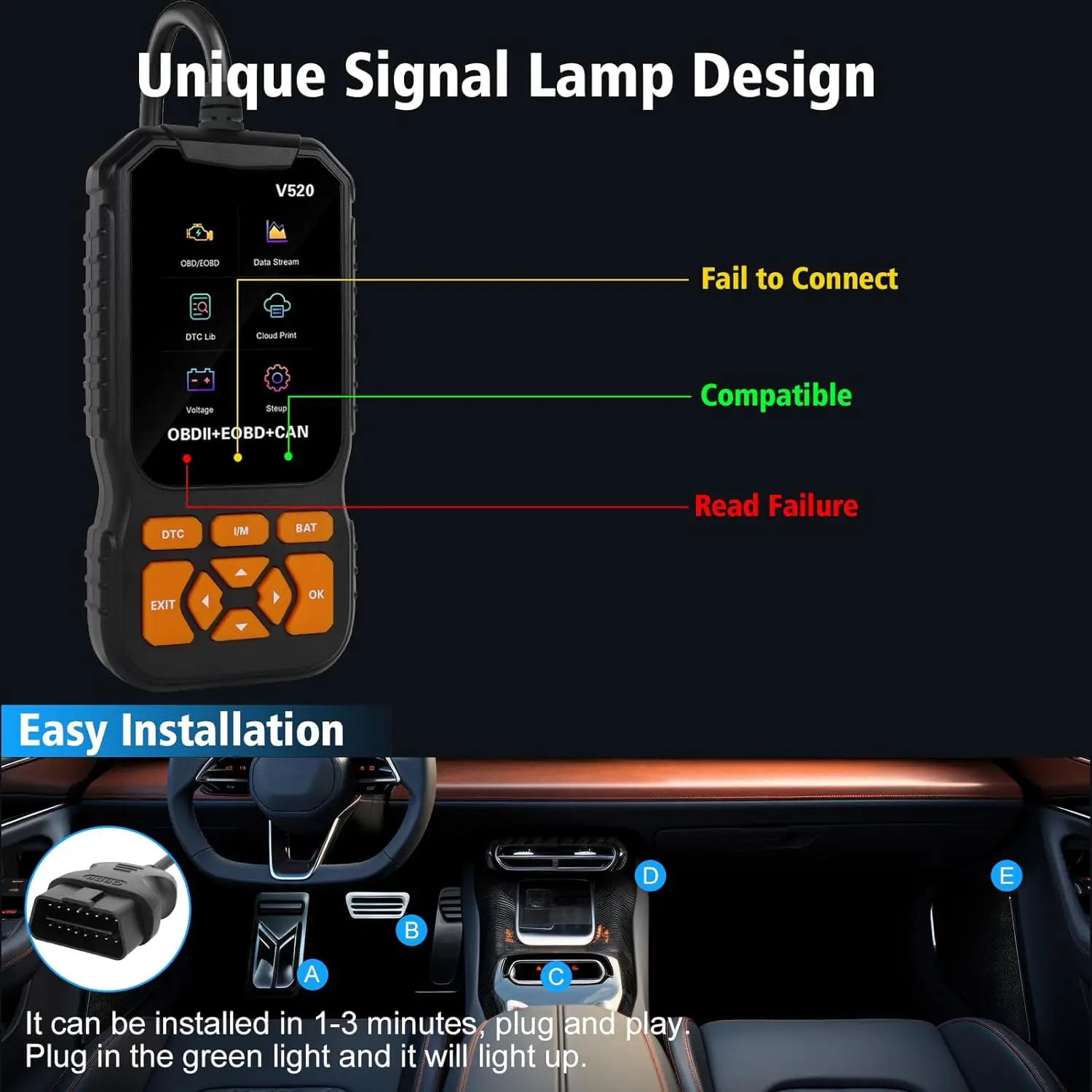 V520 Code Reader with Reset Check Engine Light OBD2 Scanner Diagnostic Tool Voltage Tester Enhanced Check Engine Code Reader