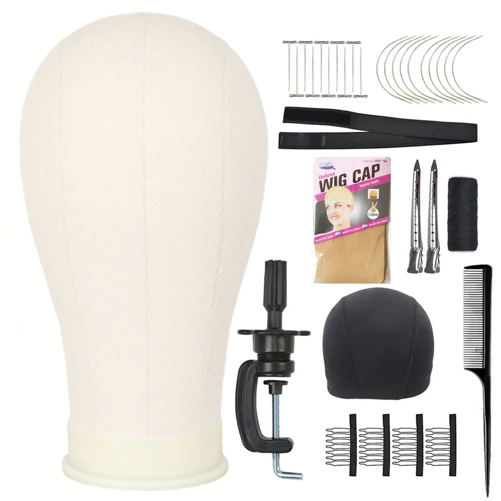

22 Inch Canvas Block Head Mannequin Wig Head With Stand for Display with Mount Holes & band，clip ,Nylon Cap