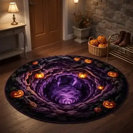 Round Area Rug Cute Ghost Autumn Forest Crescent Moon Mushroom Design 2D Flat Print for Living Room Decor