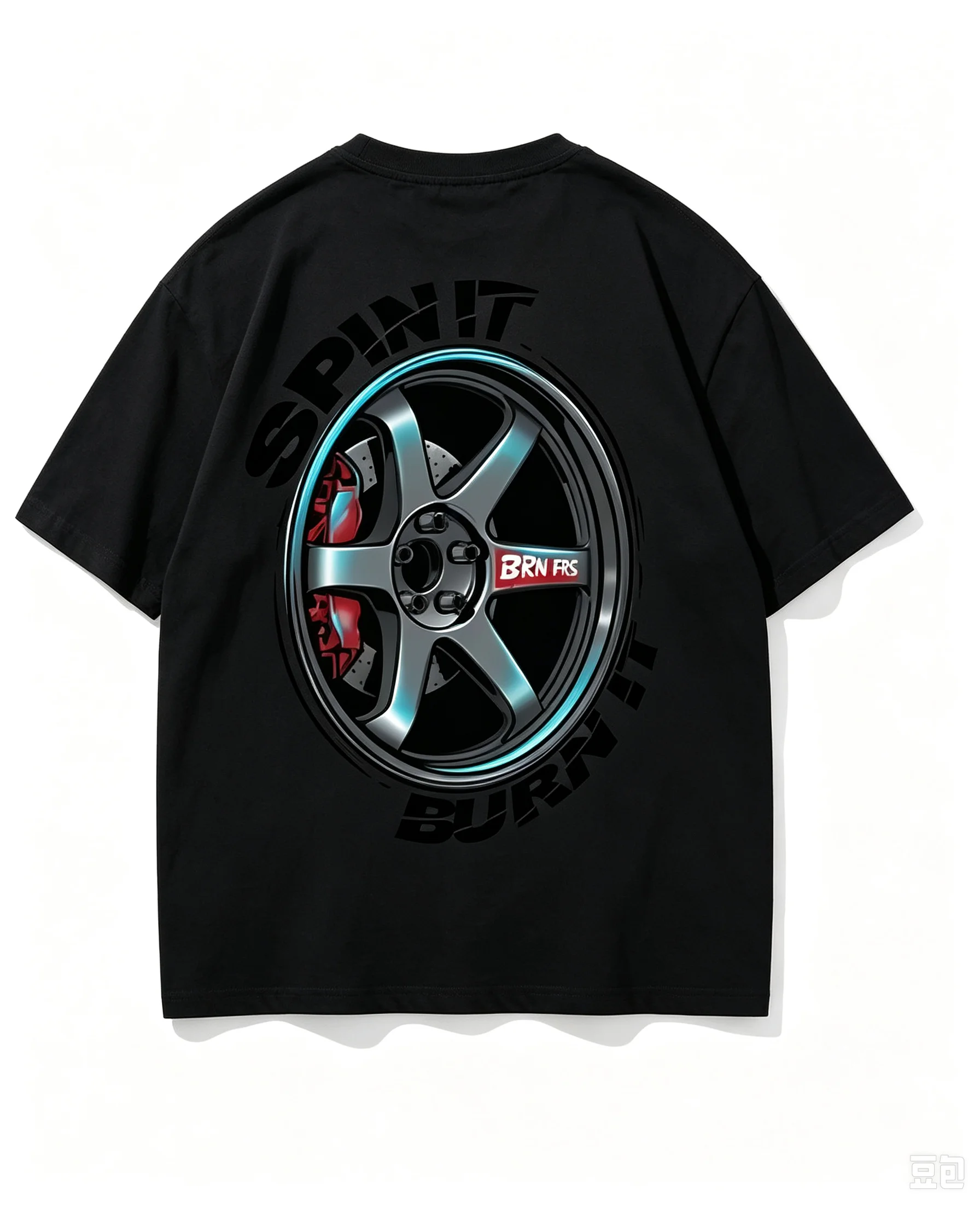 2026 Black Oversized T-shirt, Back JDM Alloy Wheel Graphic Print, Car Drift Enthusiast Unisex Streetwear Cotton Tee