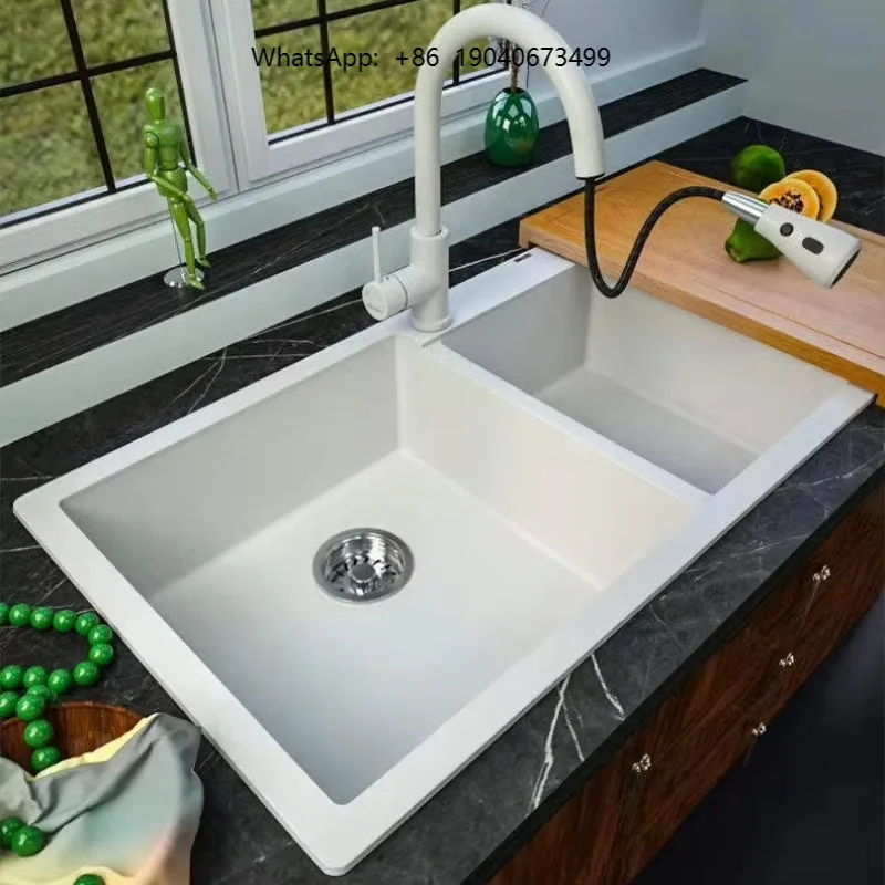 Certificated Double Bowl Black Quartz Stone Sink Composite Granite Kitchen Sink with Drainboard cxl