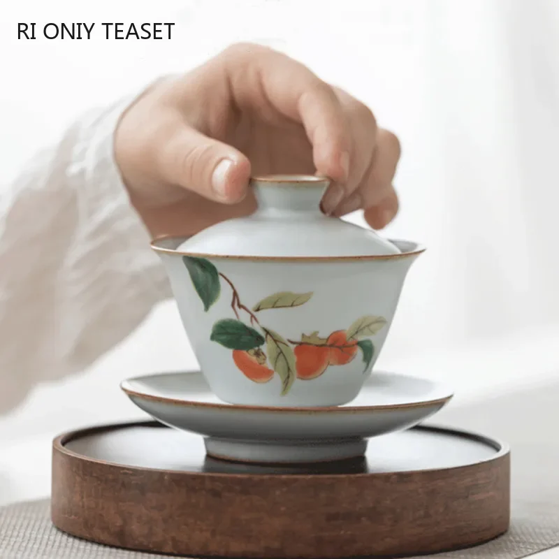 

150ml Retro Ru Kiln Ceramic Tea Tureen Handmade Flower Pattern Gaiwan Household Teacup Travel Portable Tea Bowl Chinese Teaware