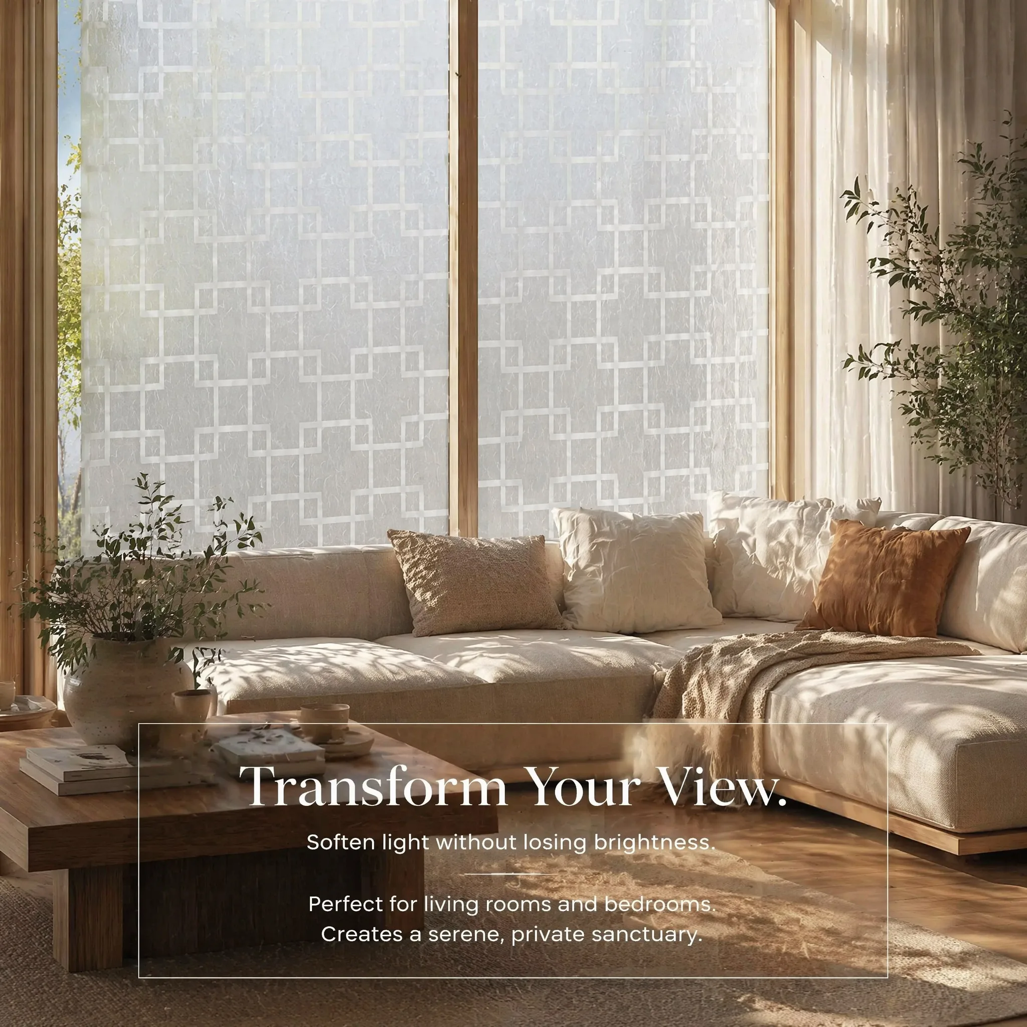 Minimalist Interlocking Beige Square Grid Self Adhesive Silk Textured Frosted Window Film Full Privacy Protection Waterproof