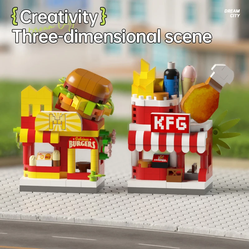 City Street View Mini Commercial Street Building Block, fai da te Flower Shop Coffee Fruit Cake House Assembly Toys, per i regali dei bambini