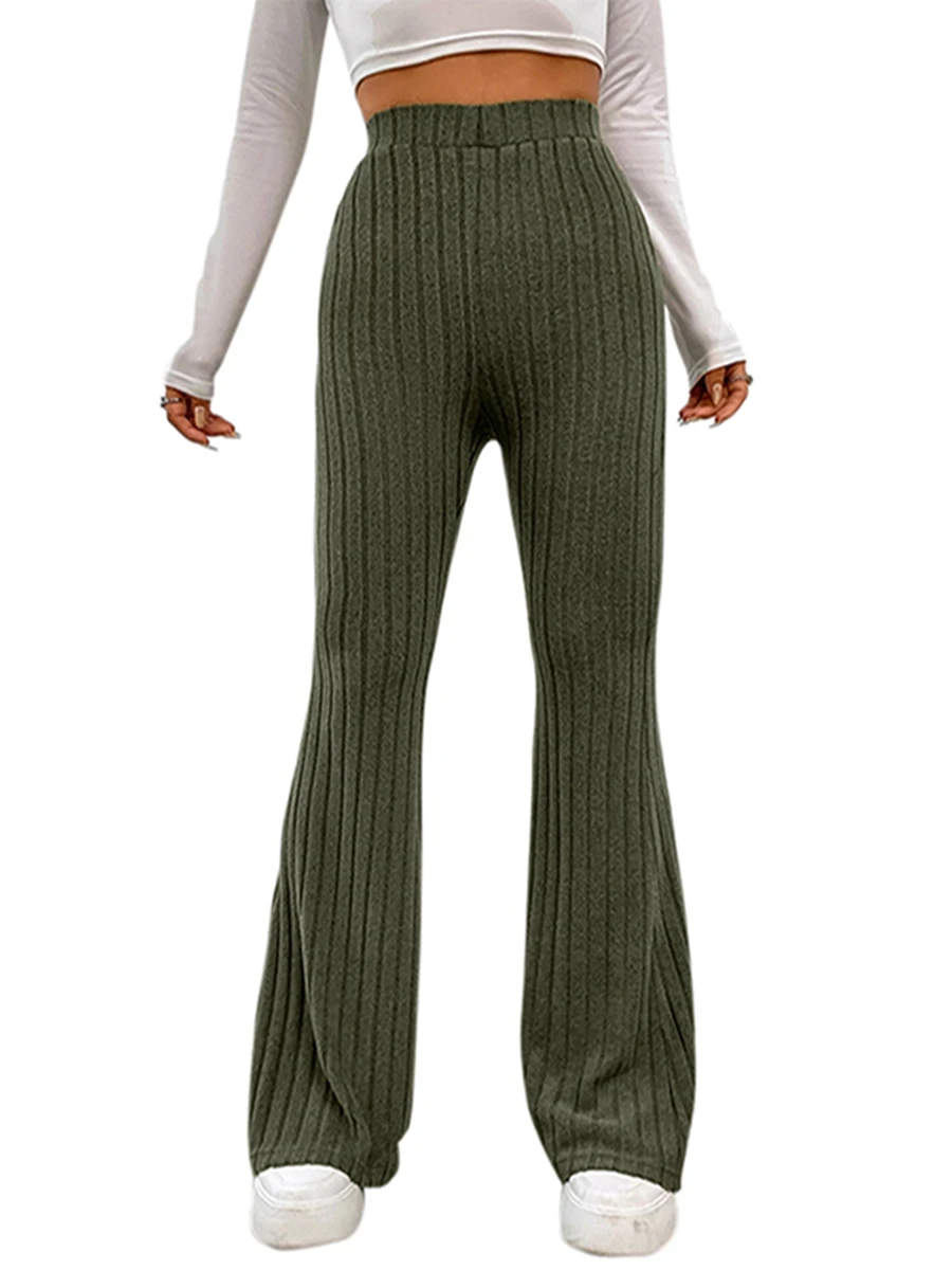 

Louatui Women High Waist Ribbed Flared Pants Casual Elastic Bell Bottoms Bootcut Trousers