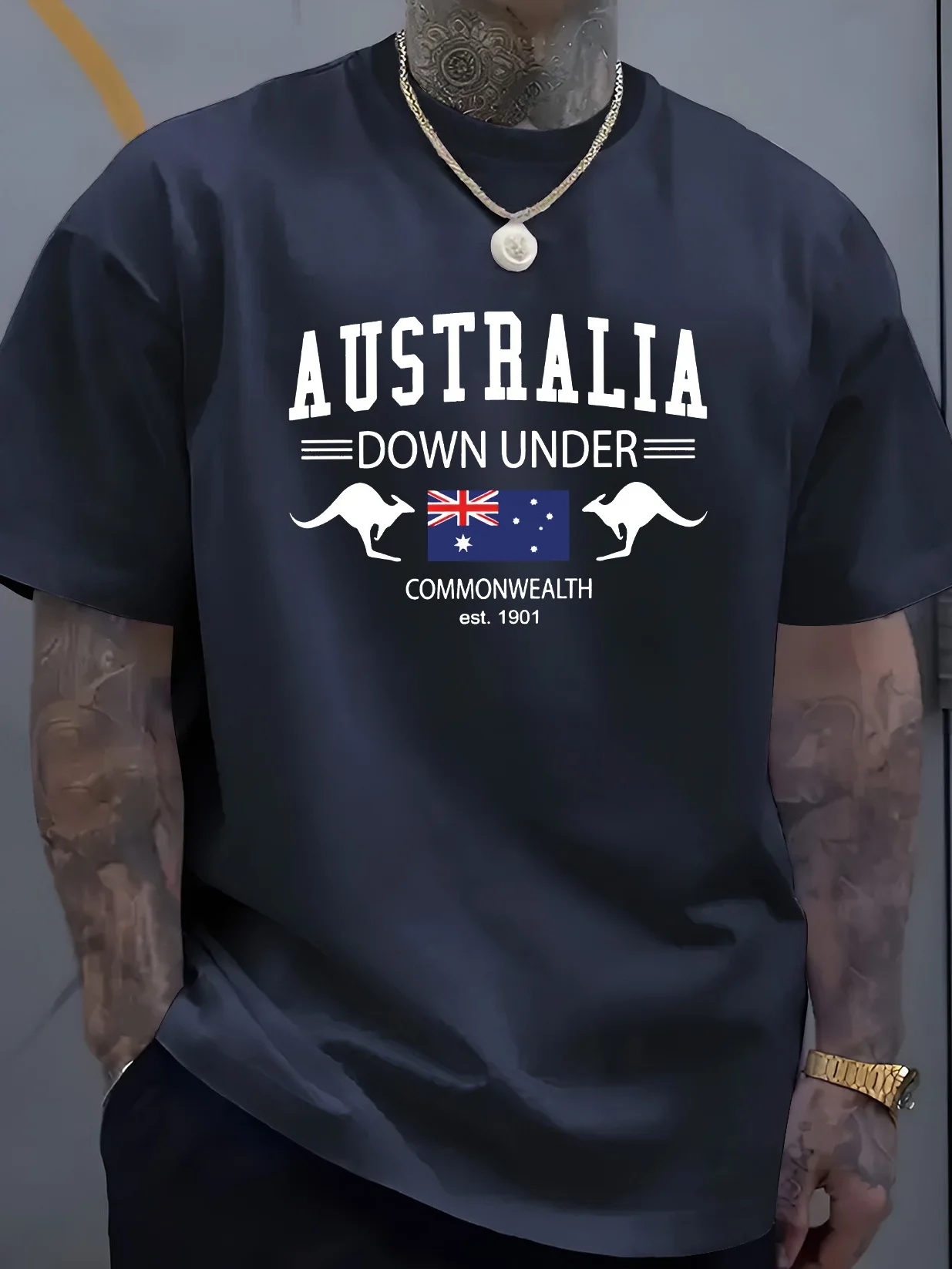Camiseta informal 100% de algodón para hombre, holgada y a la moda, con estampado de bandera australiana y patrón de canguro, camiseta de manga corta con cuello redondo