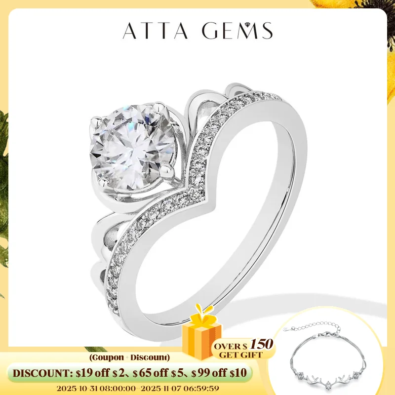 

ATTAGEMS кольца с муассанитом круглой огранки 1 карат DVVS1 S925 стерлингового серебра для женщин Корона принцессы обручальное кольцо высокие ювелирные изделия