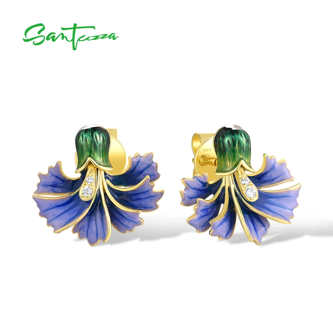 

SANTUZZA Real 925 Sterling Silver Earrings For Women White CZ Blue Enamel Floral Elegant Wedding Engagement Gift Fine Jewelry
