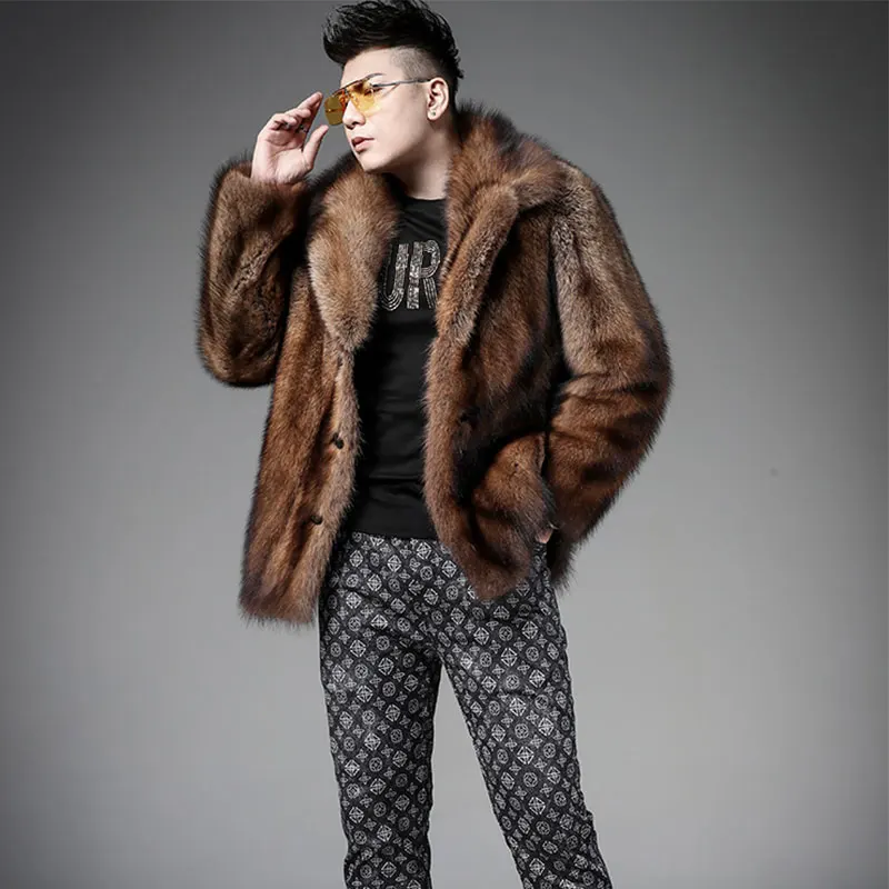 Glossy Canadian Fisher Fur Jacket for men with collar real mink fur coat